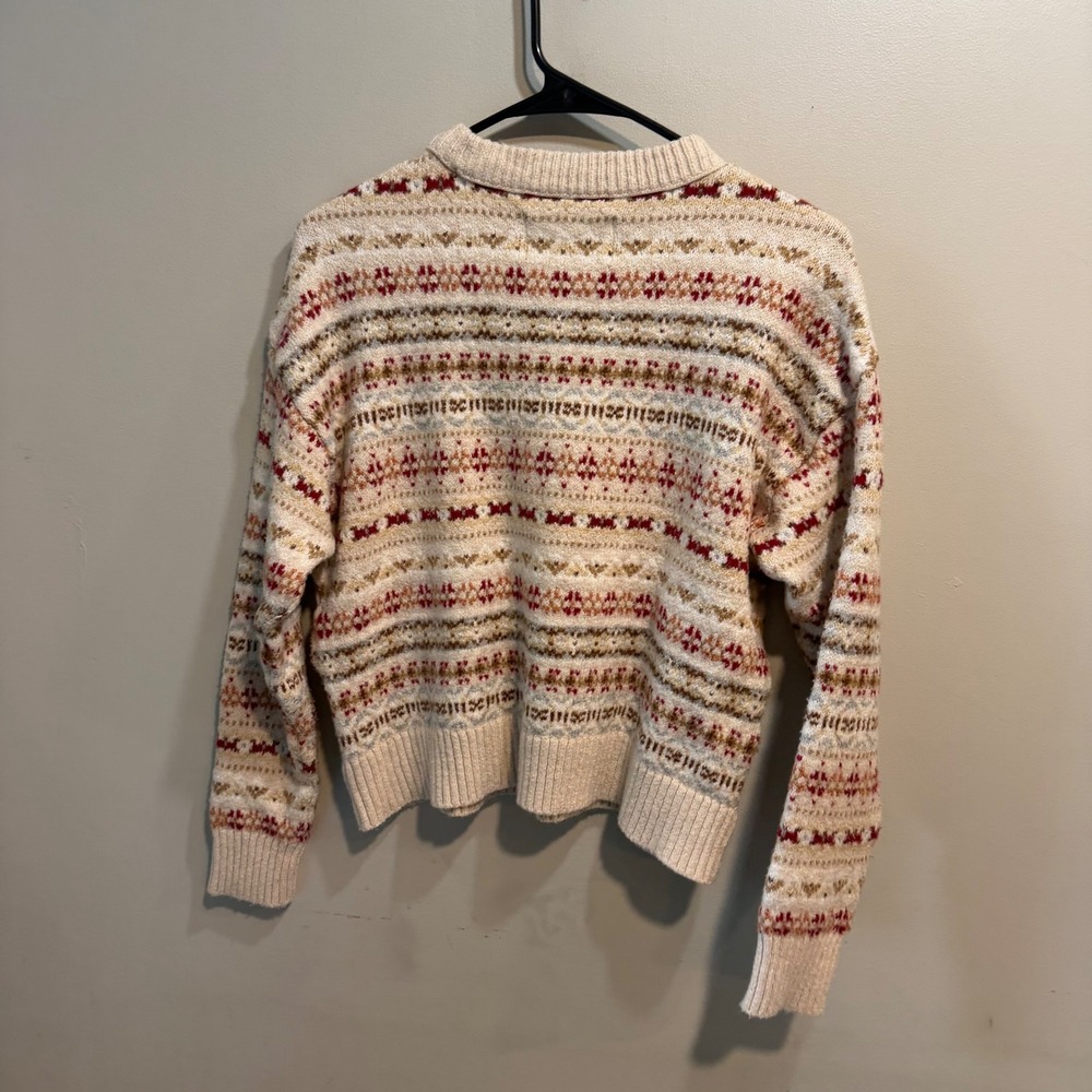 American Eagle Womens Fair Isle Crewneck Sweater Cream Tan Red Knit Small 407 - Picture 6 of 7